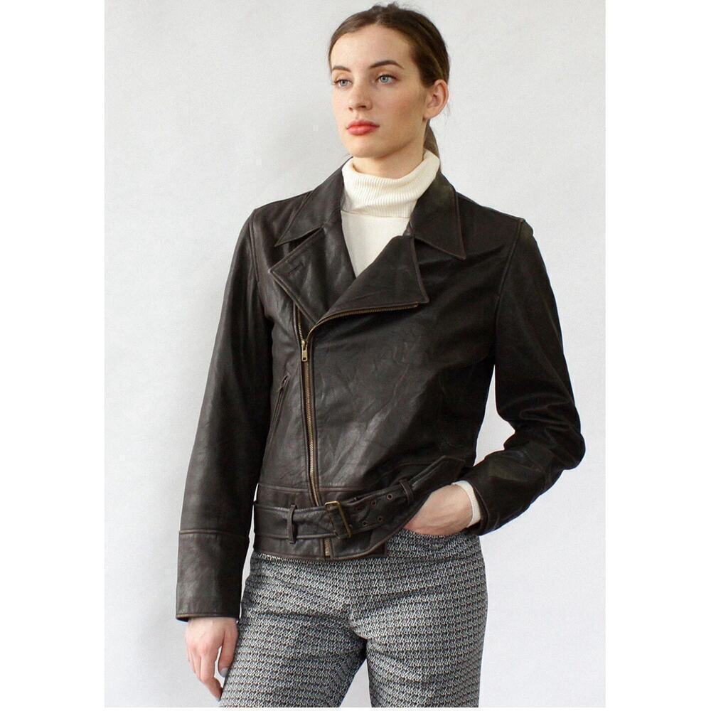 Vintage Ralph Lauren Women's Brown Leather Jacket Motorcycle M Belted Boxy